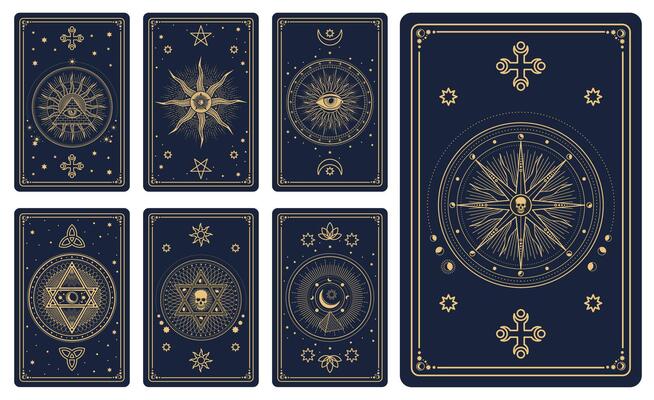 Magic tarot cards with mystic symbols line pattern