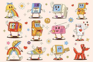 Retro groovy sun, rainbow, computer characters vector