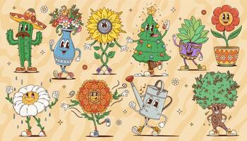 Cartoon retro groovy plant flower, tree characters vector