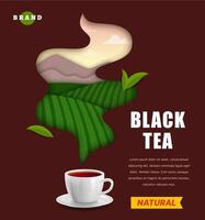 Paper cut tea cup and plantation landscape banner vector