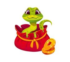 Cute green cartoon snake character inside red bag vector