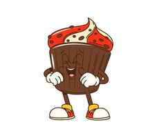 Cartoon groovy Christmas cupcake retro character vector