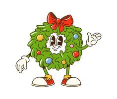 Cartoon groovy Christmas wreath retro character vector