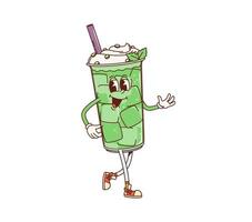 Retro groovy mint milkshake dessert character vector