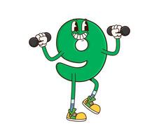 Math number nine groovy cute character on fitness vector