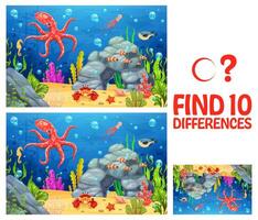 Find ten differences game, underwater sea animals vector