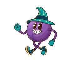 Groovy plum fruit halloween wizard character vector