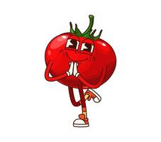 Groovy tomato vegetable character in yoga pose vector