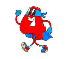 Cartoon groovy number four superhero character. vector