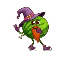 Groovy watermelon fruit halloween wizard character vector
