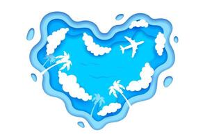 Paper cut plane in cloudy sky, heart shape clouds vector