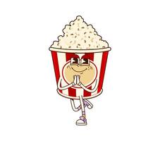 Groovy fast food popcorn bucket doing yoga pose vector