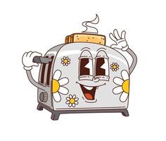Cartoon groovy toaster character with fried toast vector