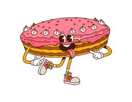 Funny groovy cake hippie dessert, retro character vector