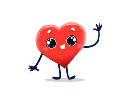 Cartoon cute red heart character greets and waves vector