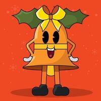 Smiling Christmas bell with holly leaves and cheerful face, vector