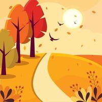 Autumn path with trees and flying birds at sunset, vector
