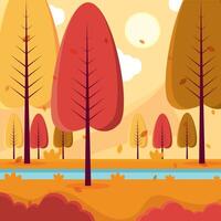 Autumn trees by a river in a serene landscape, vector