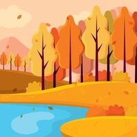 Autumn forest near river with colorful trees and leaves, vector