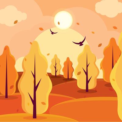 Autumn trees in a hilly landscape with flying birds,