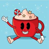 Smiling hot cocoa cup character with whipped cream, vector
