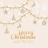 Christmas card with gold ornaments and string lights, vector