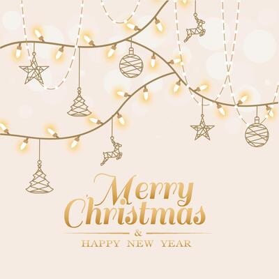 Christmas card with gold ornaments and string lights,