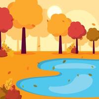 Autumn park with trees and a blue pond, vector