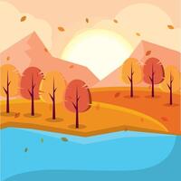 Autumn landscape with trees by a peaceful lake, vector