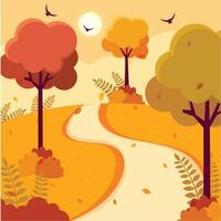Autumn landscape with trees and winding path, vector