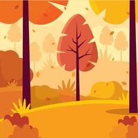 Autumn park with benches, trees, and street lamps, vector