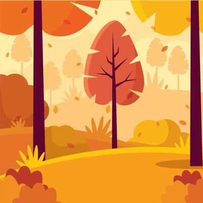Autumn park with benches, trees, and street lamps,