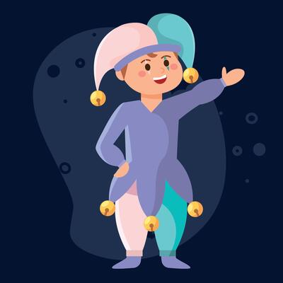 Cartoon jester boy in colorful outfit for Halloween,