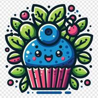 A cupcake with a blue face and green leaves vector