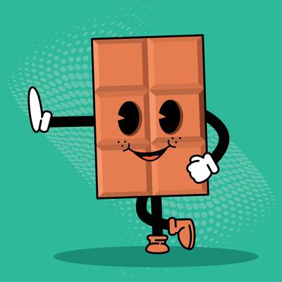 Chocolate bar cartoon character with friendly expression,