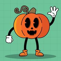 Smiling pumpkin cartoon character waving hand, vector