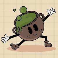Bubbling cauldron cartoon character with happy expression, vector