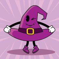 Cartoon witch hat character winking with playful smile, vector