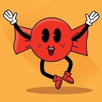 Cartoon candy character jumping with joy and waving, vector