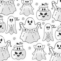Cute ghost pattern with pirate and pumpkin characters, vector