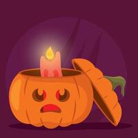 Pumpkin with candle inside and scary expression, vector