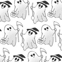 Halloween ghost pattern with witches and scythes, vector