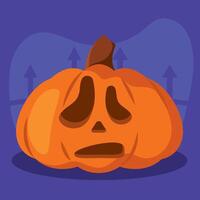 Worried jack-o-lantern pumpkin with sad expression, vector