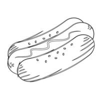 Hand-drawn hot dog with bun and mustard sketch vector