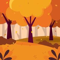 Autumn forest scene with orange trees and falling leaves, vector