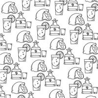 Tequila, lime, and drinks Mexican pattern in black lines, vector