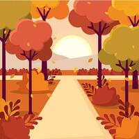 Pathway through autumn forest with falling leaves, vector