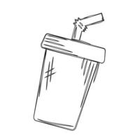 Hand-drawn soda cup with a straw and lid sketch vector