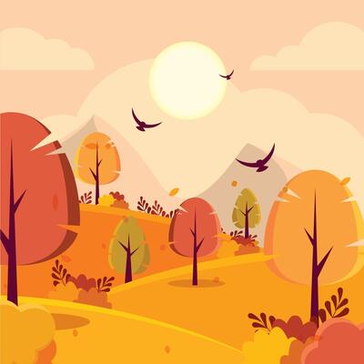 Sunny autumn landscape with colorful trees and hills,