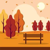 Park scene with trees, bench, and autumn leaves, vector
